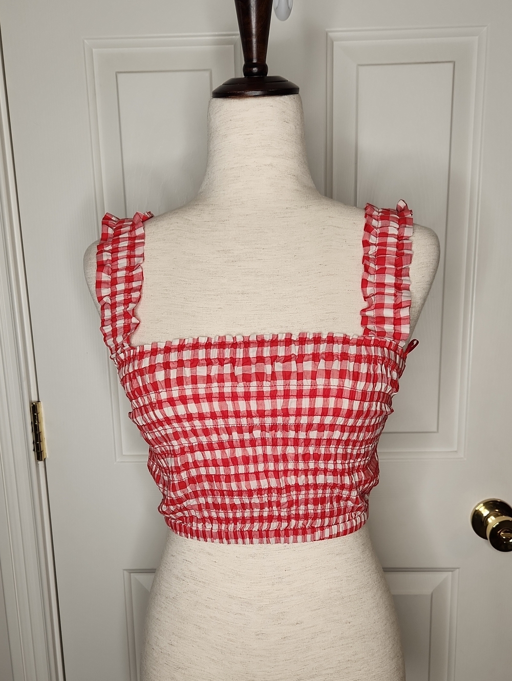 Industry Red Gingham Smocked Square-Neck Crop Top Size S NWT